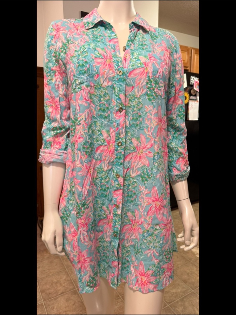 Lilly Pulitzer Aqua Tunic Coverup with Pink Floral Print